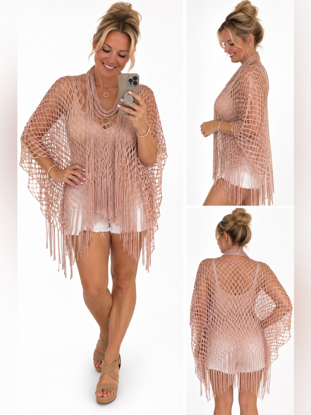 Fringed Crochet Beach Cover-Up in Blush Pink